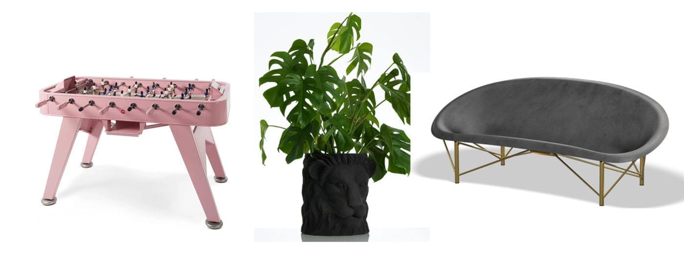 Foosball table, a lion head shaped planter, and a modern style couch.