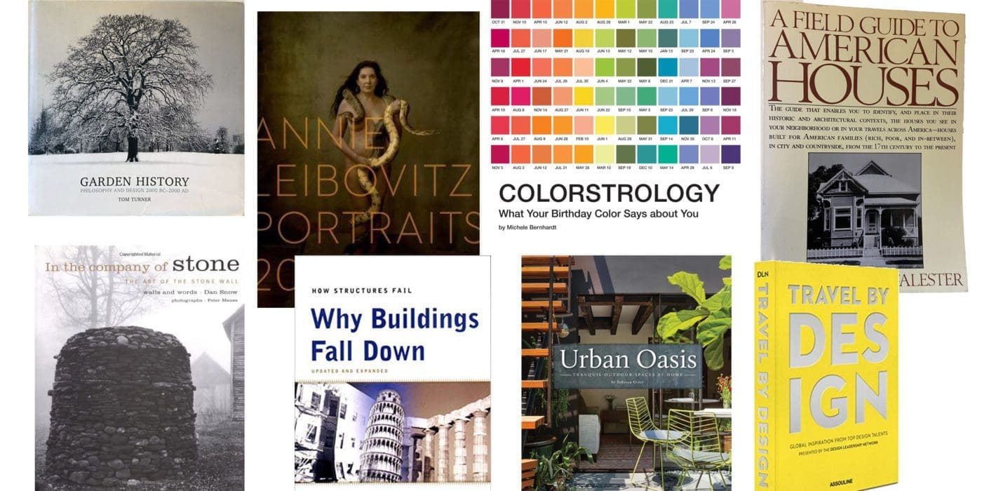 Collage of different books by preeminent Chicago designers.