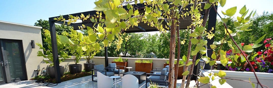 Outdoor roof deck with pergola over the top and a sitting area underneath.