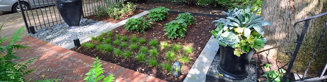 Mixed garden bed outside of a home with a brick walkway.