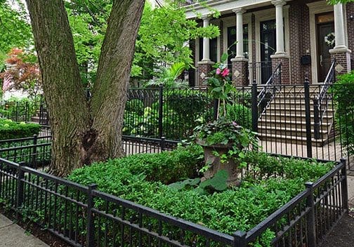 Bowman parkway greenery planted in a square with metal railings.