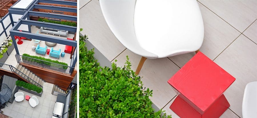 View from above of a patio area with pergola.