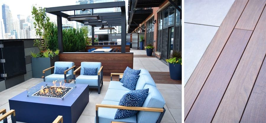 Patio with seating area around a square fire glass gas fire pit.