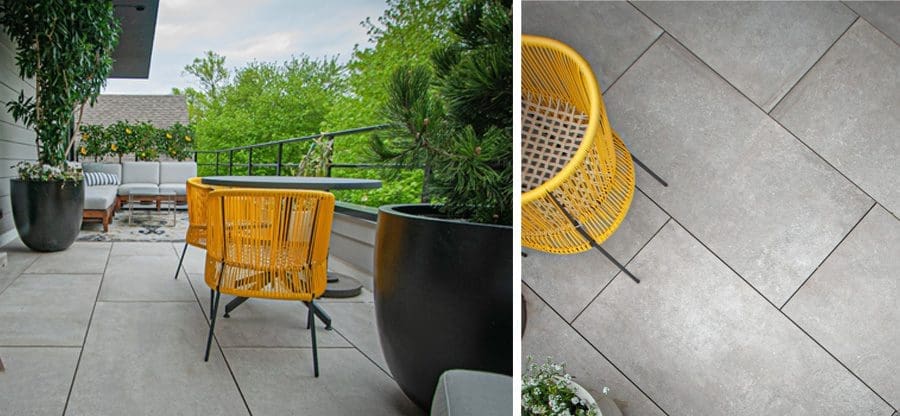 Pavers on a roof patio with seating area.