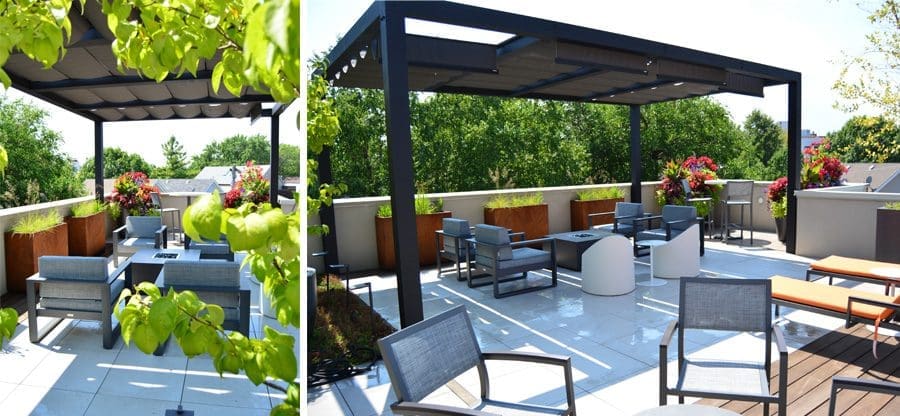 Outdoor roof seating area covered by a pergola.