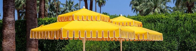Close up of yellow fringed umbrellas outdoor by palm trees.