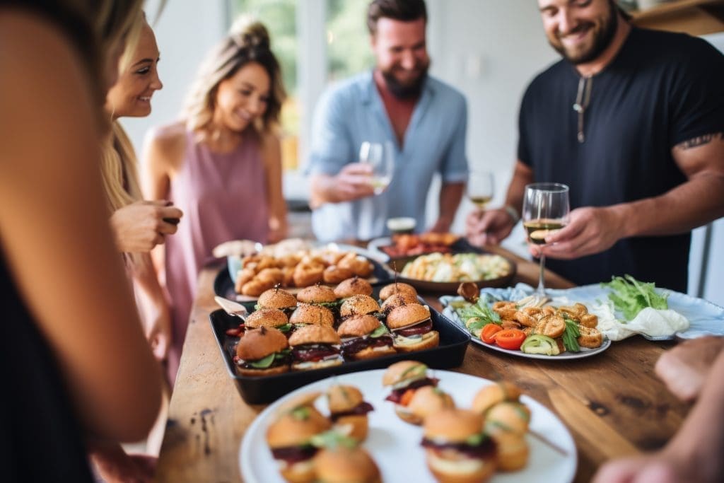 friends sharing bbq pork sliders at party, created with generative ai