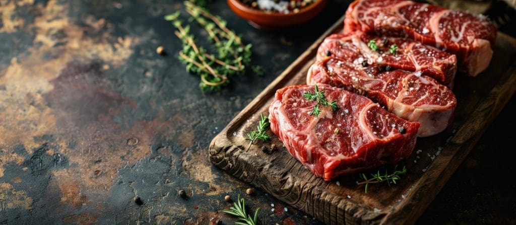 Raw dry aged wagyu entrecote beef steak roast as closeup on a rustic wooden cutting board. Creative Banner. Copyspace image